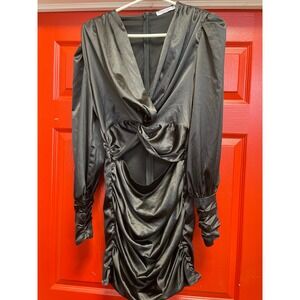 Glamaker Black Satin Cutout Twist Front Ruched Mini Dress Long Sleeve Medium